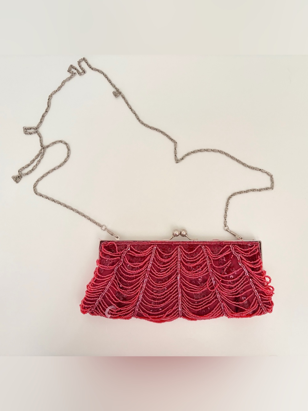 Red Beaded Evening Clutch with Chain Strap